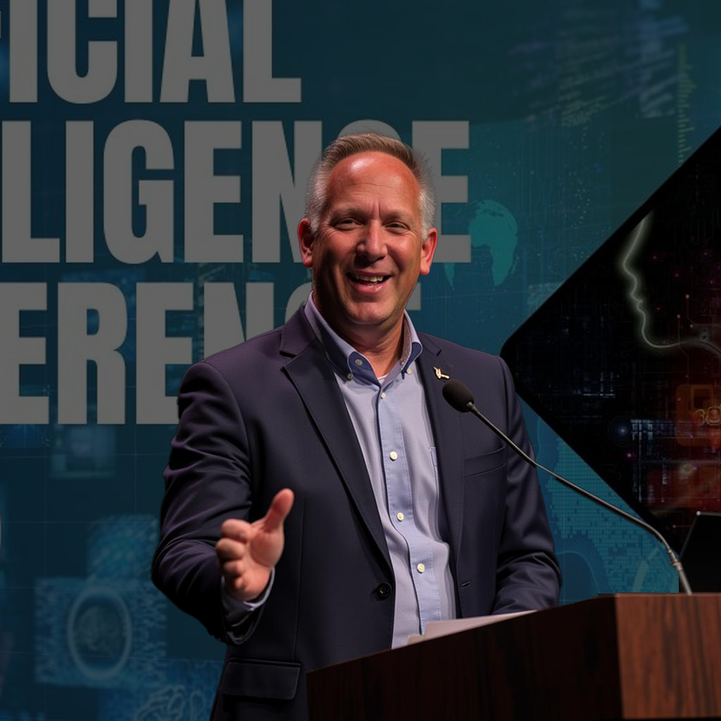 Larry Collett speaking at an AI conference