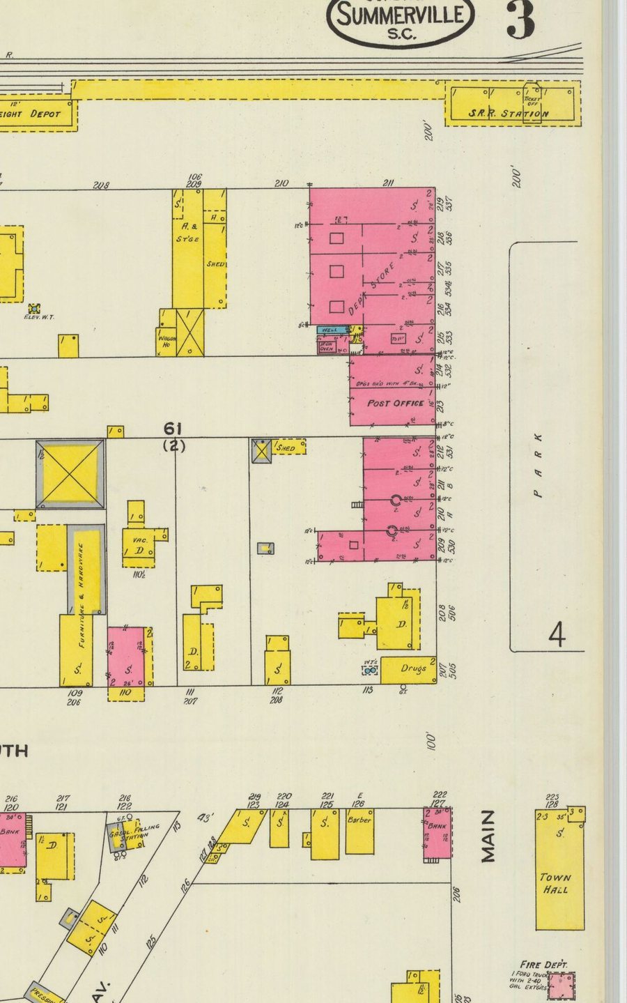 June 1923: Fire-insurance map: station, freight depot, post office