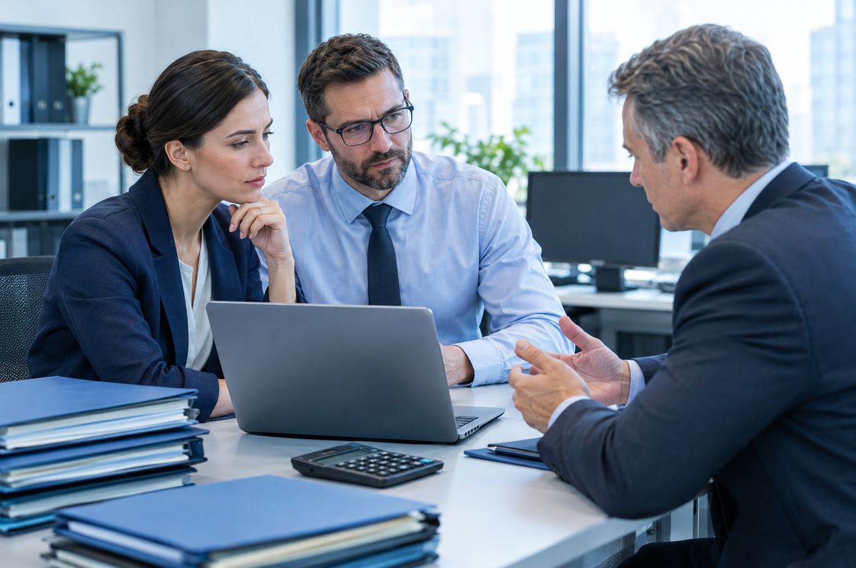 Accountants discussing data security with a consultant at a desk with client folders