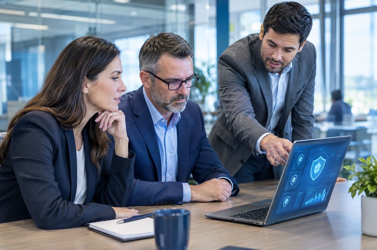A compliance officer and bank executive reviewing a security dashboard with a consultant