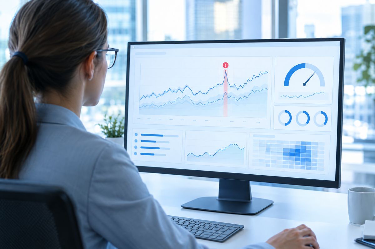 An analyst watching AI monitoring dashboards with trend lines and an alert