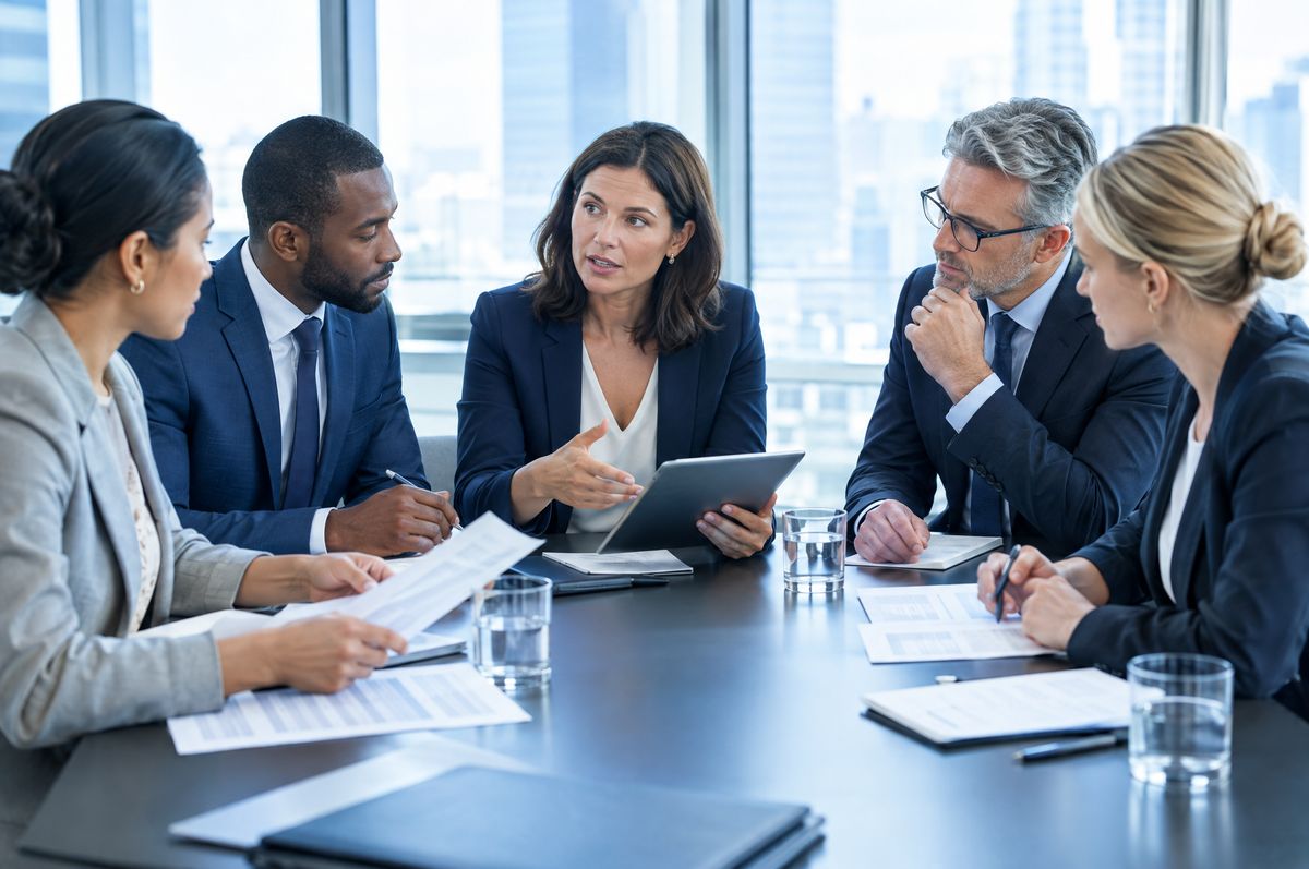 A leadership team reviewing AI policy documents in a boardroom
