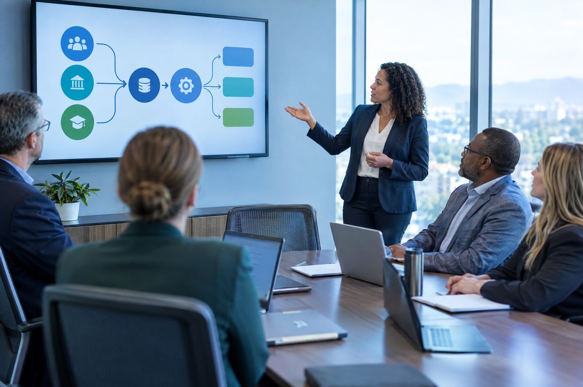 Local government and school administrators reviewing a data-flow diagram in a conference room