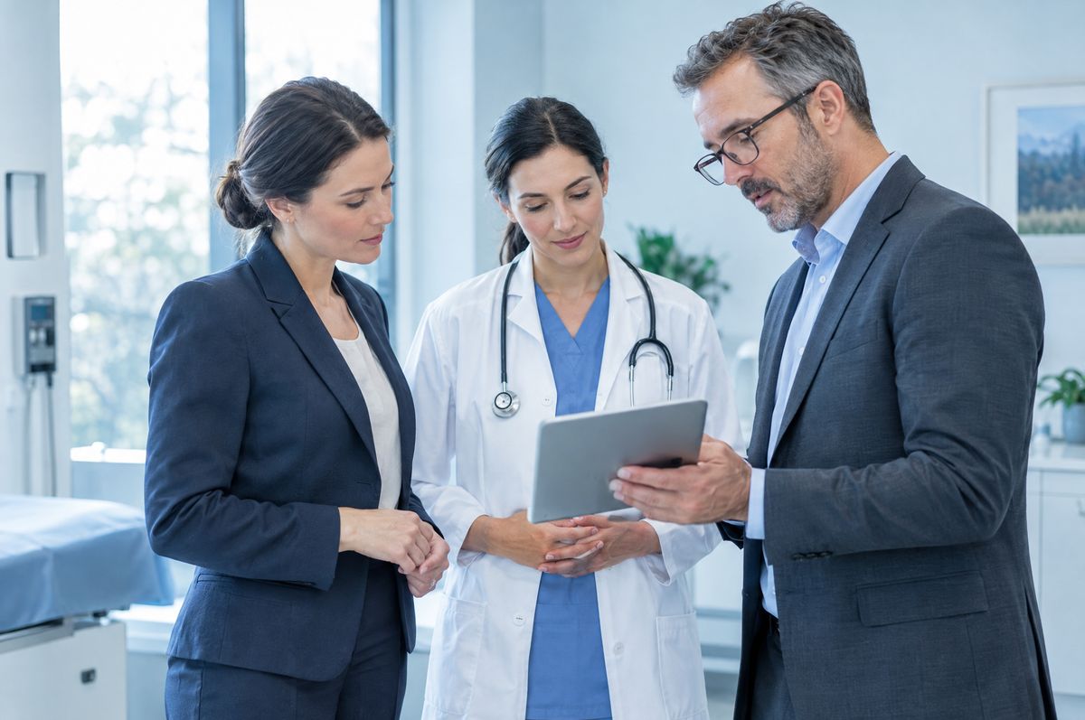 A practice manager and clinician reviewing a tablet with a consultant