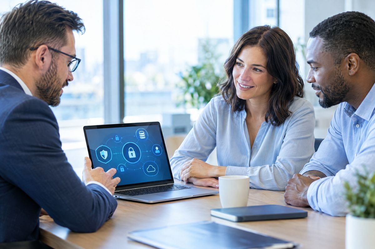 A consultant reviewing a data privacy diagram with a business owner