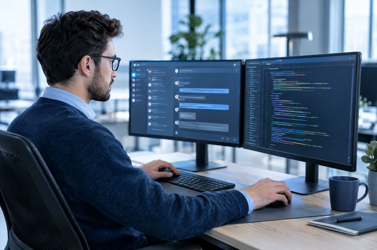 A security tester reviewing an AI chat interface and code on two monitors