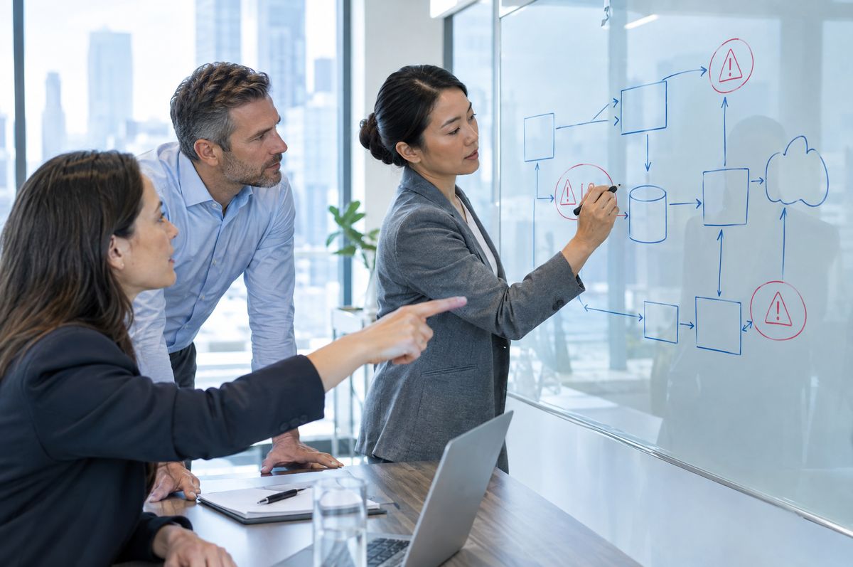 A consultant mapping data flows on a whiteboard with a client team