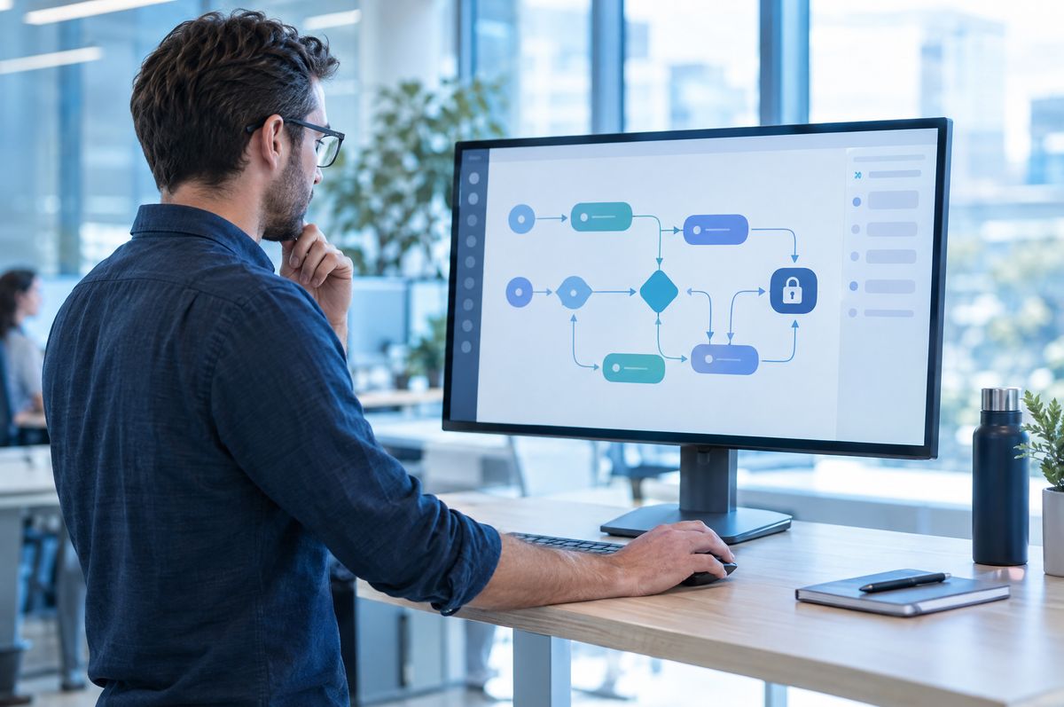 An engineer configuring a secured automation workflow on a large monitor
